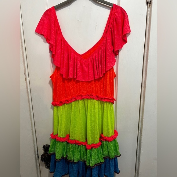 PITUSA Neon Rainbow Ruffle Mini Dress Cover Up Vacation Tropical - Picture 2 of 6